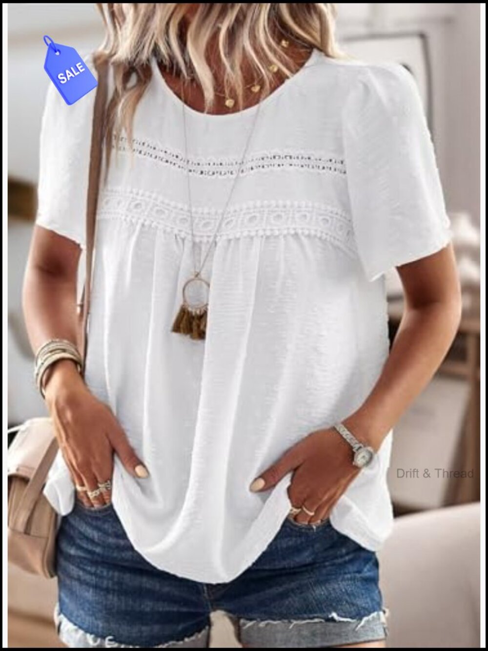 Crewneck Short Sleeve Chiffon Blouse Lace Hem Boho Tunic Loose Fit - Picture 4 of 7
